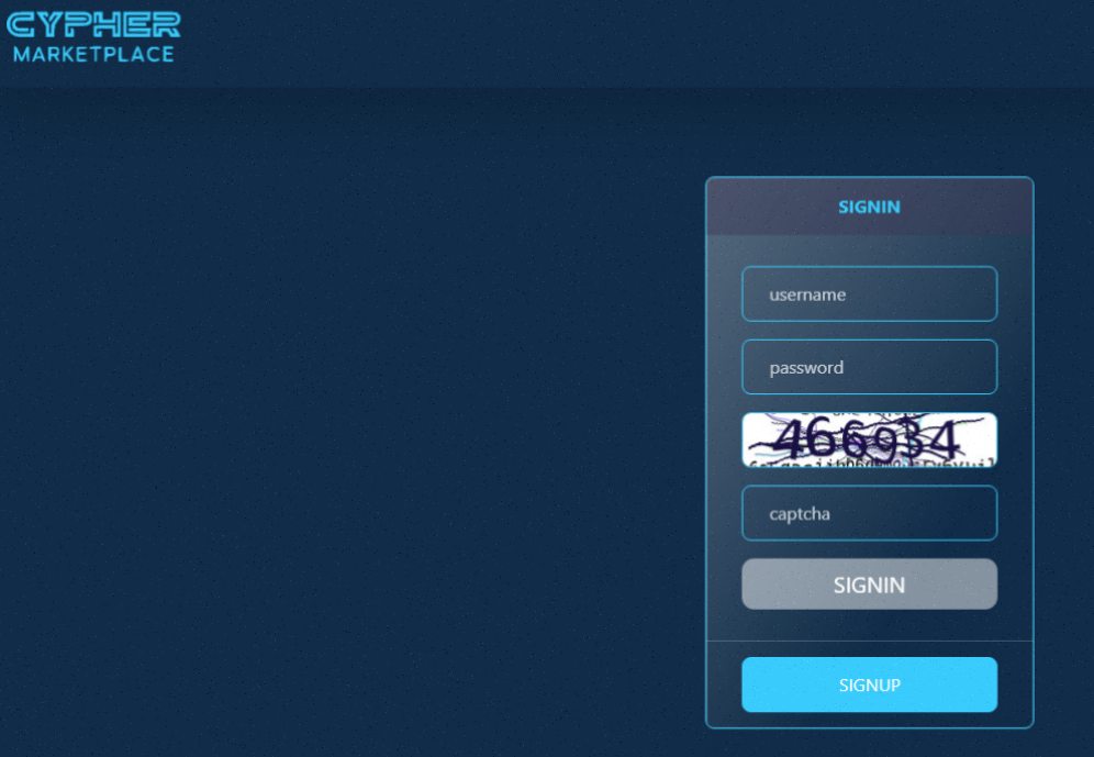Cypher market login screen